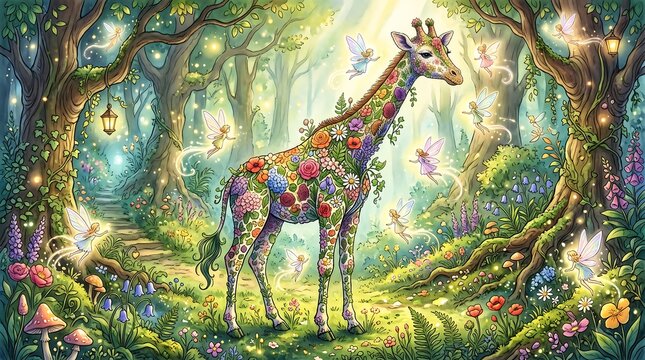 Enchanted Forest Giraffe with Vibrant Flowers and Glowing Fairies.
