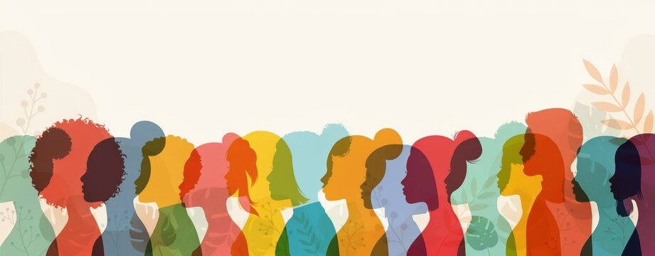Diverse group of people silhouettes in profile, community and unity concept