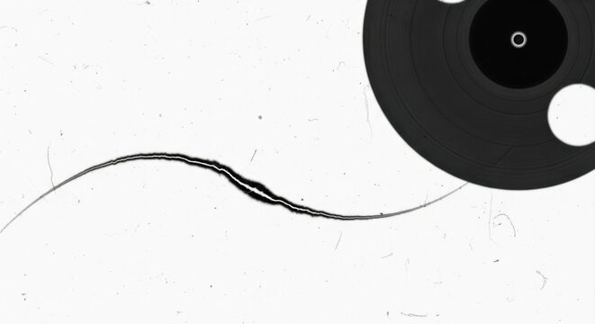 Vintage black vinyl record spinning with a long thin wavy line extending across a textured white paper background, featuring dust scratches, and grain effects, to simulate an, old retro aesthetic