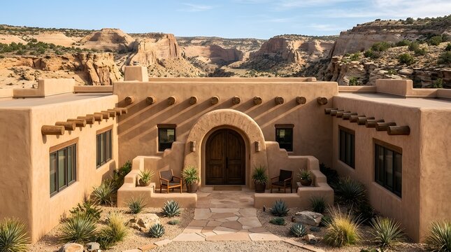 Beautiful adobe style house located in the desert landscape of the American Southwest.