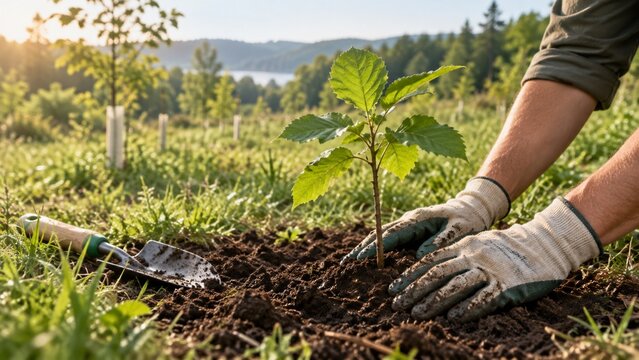 Volunteer planting a young tree for reforestation and environmental restoration