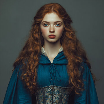 Ultra Photo Beautiful Young Woman Long Bright Auburn Hair Blue
