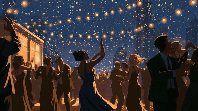 People dancing and celebrating at an outdoor rooftop party at night under glowing string lights with confetti falling from the sky.