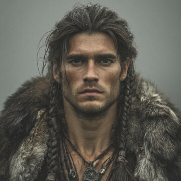Ultra Photo Young Handsome Viking Man Long Braided Black Hair