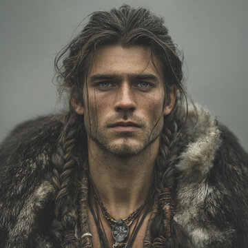 Ultra Photo Young Handsome Viking Man Long Braided Black Hair