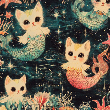 Vintage Hand Drawn Wrapping Paper Hypnotic Collage Cute Kittens Mermai