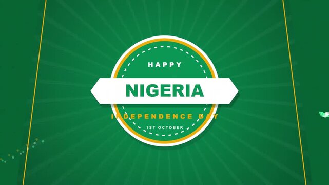 A motion graphic celebratory banner design for Nigeria Independence Day featuring elegant typography and vibrant green and gold cultural colors