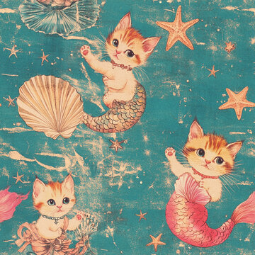 Vintage Hand Drawn Wrapping Paper Hypnotic Collage Cute Kittens Mermai