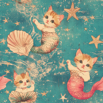Vintage Hand Drawn Wrapping Paper Hypnotic Collage Cute Kittens Mermai