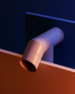 A cylindrical pipe section with a curved elbow joint, rendered in soft pink and blue lighting against a dark blue and orange background