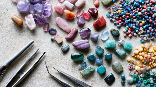 A colorful assortment of polished gemstones and beads, along with jewelry-making tools, laid out on a textured surface. The stones vary in size, shape, and hue.