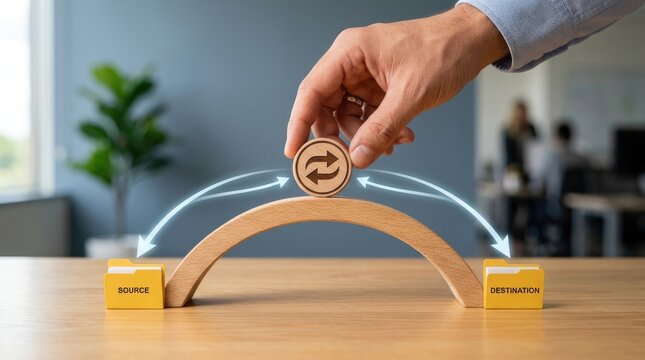 Businessman hand placing wooden sync icon on bridge connecting yellow source folder and destination folder for efficient data transfer process