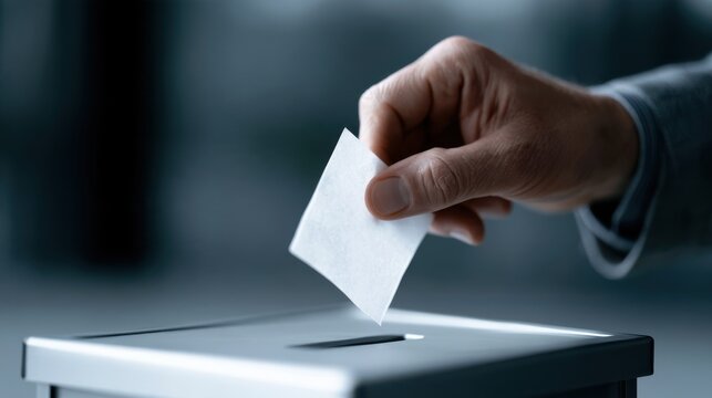A close-up shot of a person's hand casting a vote into a ballot box. The vote is a small white paper that is being inserted into a slot on top of a dark-colored box. The background is blurred.