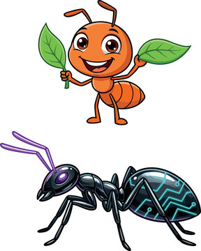 Cute cartoon ant mascot holding green leaves and cyber robotic ant vector illustration on white background