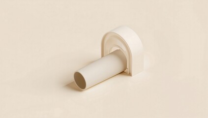 Obraz premium A beige cylindrical tube resting inside a beige arched structure on a solid beige background, creating a soft minimalist abstract composition