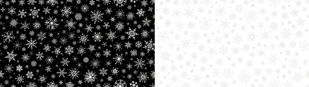 Seamless pattern with white snowflakes on black background and light grey snowflakes on transparent background, winter holiday texture for christmas and new year design