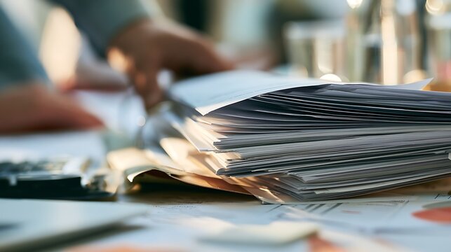 Close up of a pile of business documents on a desk with a blurred background.