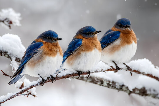 three blue and white birds sitting on a branch