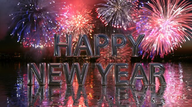 Silver balloon style text spelling Happy New Year reflects on wet ground during a vibrant pink and purple fireworks display.