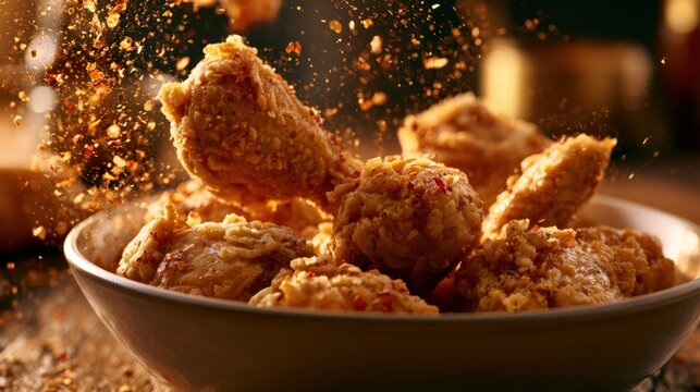 Crispy golden fried chicken drumstick and pieces with crunchy coating sprinkled with flakes in bowl on rustic wooden table close up