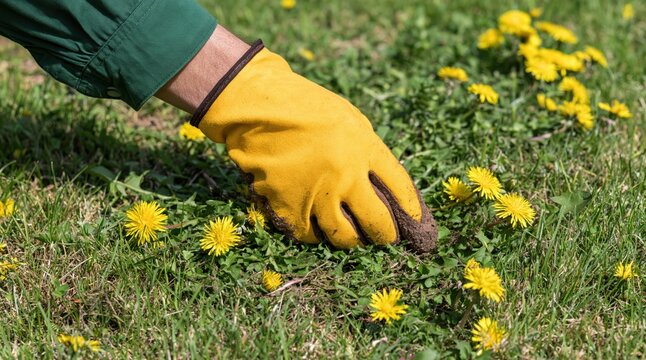 Person in yellow work glove weeding dandelions from green lawn