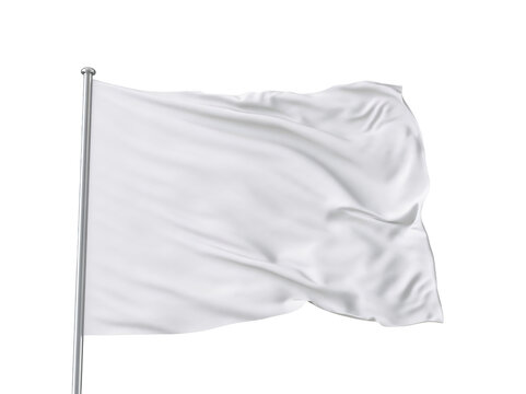 Blank white flag waving on a metal pole isolated on a white background with copy space