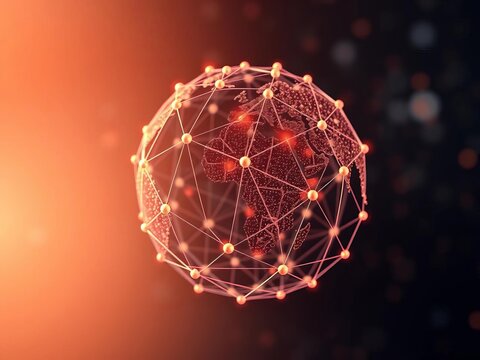Interconnected nodes forming a globe-like structure, symbolizing global connectivity, digital age, international relations
