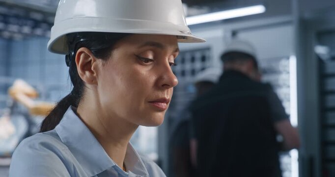 Close Up of Female Specialist Operates Desktop Station Displaying 3D Automotive Models inside Modern Smart Factory. Integrated Digital Twin Technology and Server Systems Streamline Plant Workflow.