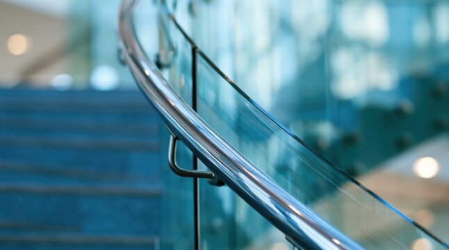 Close up of curved metal handrail and glass balustrade on stairs
