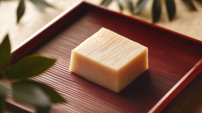 Minimalist shot of a single piece of traditional Japanese kamaboko fish cake served on a square red wooden tray