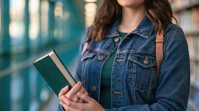 Close up of young woman holding book in library wearing denim jacket