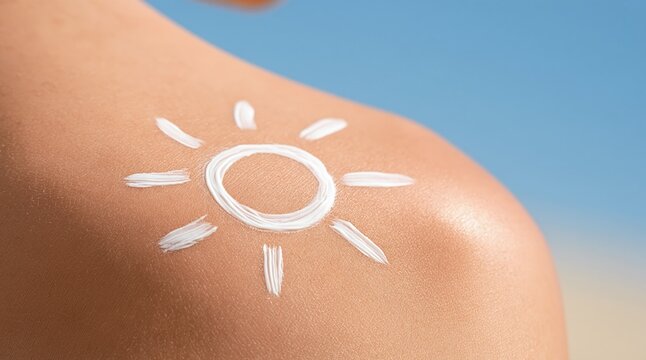 Sun shape drawn with sunscreen cream on tanned shoulder