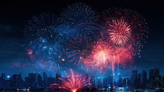 City skyline illuminated by a grand display of red and blue fireworks exploding over the water during a nighttime celebration.