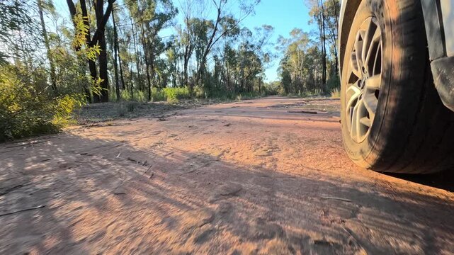 Low Angle View of SUV Tire Driving on Dirt Outback Road