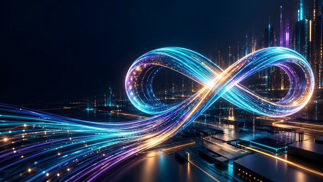 Glowing fiber optic infinity loop representing limitless digital data transfer and continuous network connectivity