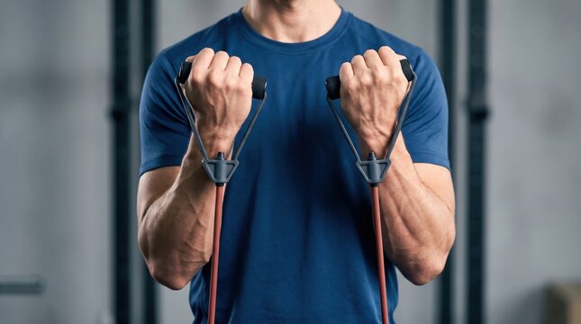 Young adult man doing physical exercise with rubber resistance tubing to strengthen biceps in fitness center.