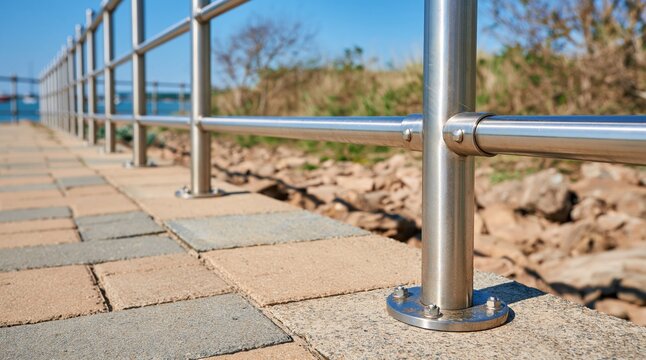 Stainless steel railing along paved walkway at seaside