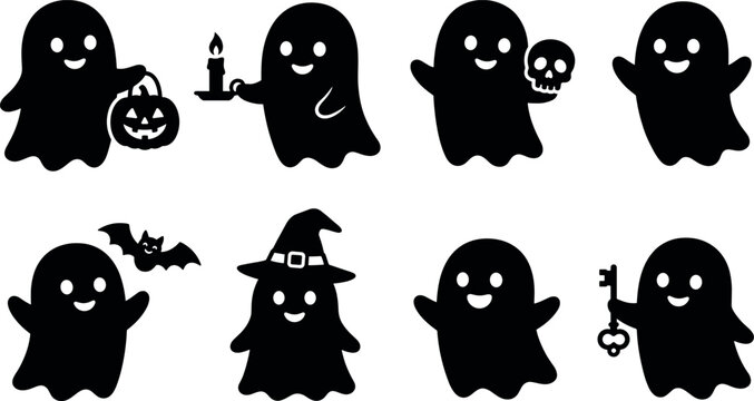 Black ghost silhouettes with halloween props form a vector illustration against a white background apparition ectoplasm phantom specter wraith haunted