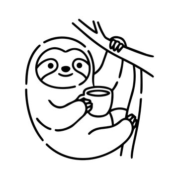 Cute Sloth Holding Coffee Cup While Hanging on Tree Branch