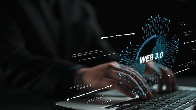 Futuristic Workspace with Web 3.0 Technology and Digital Interface Illustrating Global Connectivity and Data Interaction on Laptop. Entropy.