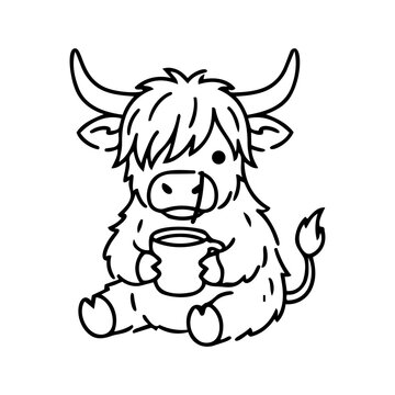 Cute Cartoon Highland Cow with Mug, Perfect for Design Ideas