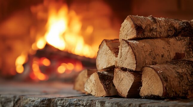 Stack of birch firewood in front of burning fireplace