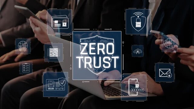 A group of business professionals discuss cybersecurity strategies with a focus on the concept of zero trust, highlighted by various digital security icons and technologies. Raster