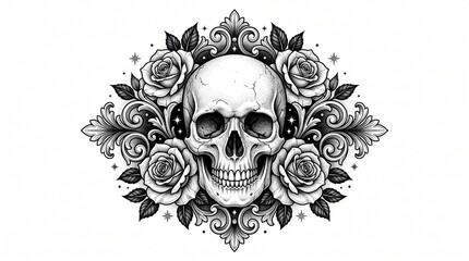 Fototapeta premium Gothic Skull and Rose Tattoo Illustration in Detailed Black Ink
