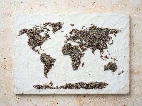 World Map Made of Chia Seeds on White Background.