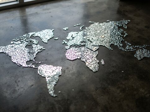 World Map Made of Shiny Aluminum Foil on a Dark Textured Surface.