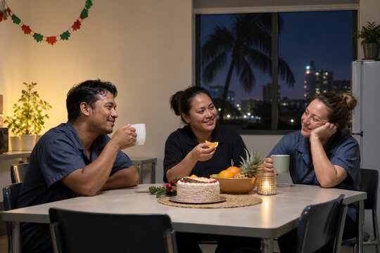 Night shift workers sharing a modest tropical Christmas break