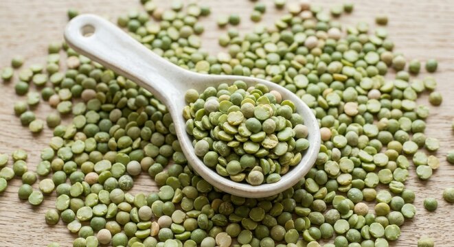 Dried green split peas in a white ceramic spoon on a wooden surface, high resolution organic legumes for healthy vegan cooking and plant-based protein nutrition.