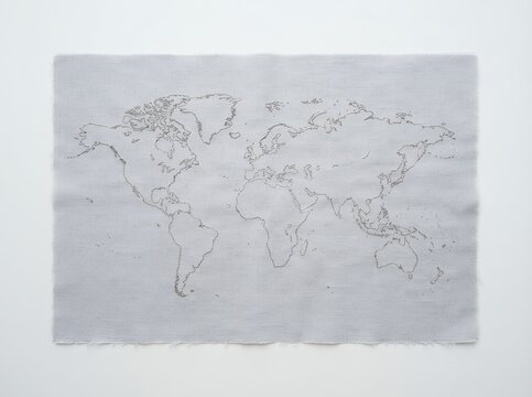 World Map Outline Drawing on Textured Paper.