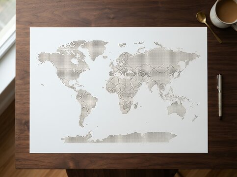 World Map Poster on Wooden Desk with Coffee and Pen.